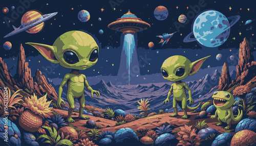 Two curious alien creatures encounter a UFO beaming down from space, amidst a vibrant alien landscape filled with strange plants and rocky terrain, creating a surreal and captivating scene.
