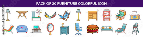 A vibrant collection of cartoon style furniture icons featuring various styles