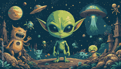 A cute green alien stands proudly in a vibrant alien landscape, surrounded by whimsical creatures, planets, and UFOs, creating a fun and imaginative 
