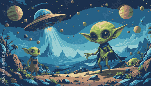Two cute alien creatures greet a UFO that has just landed on a vibrant alien planet with a mountainous landscape and starry sky, creating a whimsical and imaginative scene.