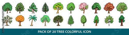 Collection of twenty distinct and colorful tree icons with various foliage styles