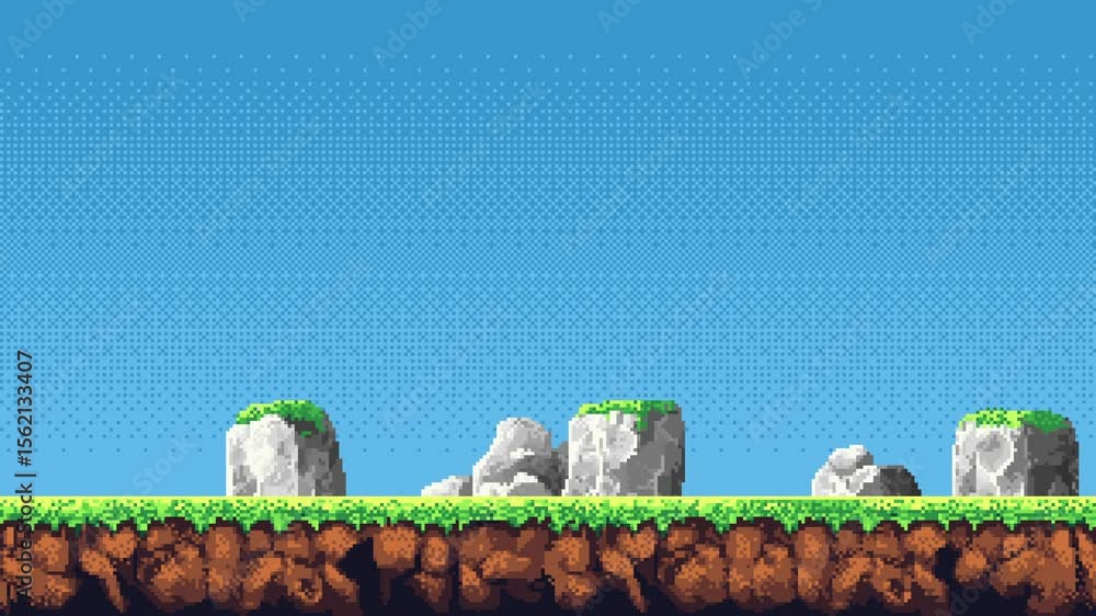 Side scrolling outdoor pixel art game level background animation with ground, grass, rocks, and blue sky.