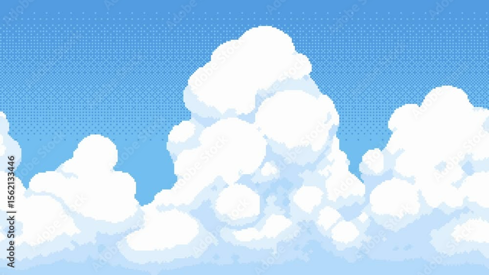 Pixel art game level background with moving sky and white clouds ...