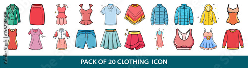 Set of twenty cartoon style clothing item icons for fashion design