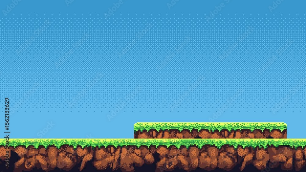 Moving pixel art game level background with green grass and brown dirt ...