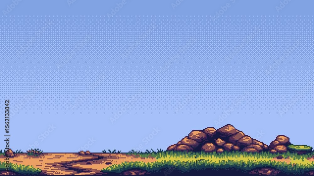 Pixel art game level background animation with outdoor rocky terrain ...
