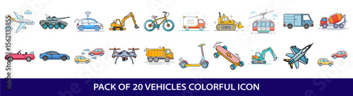 Collection of twenty colorful vehicle icons representing diverse modes of transport