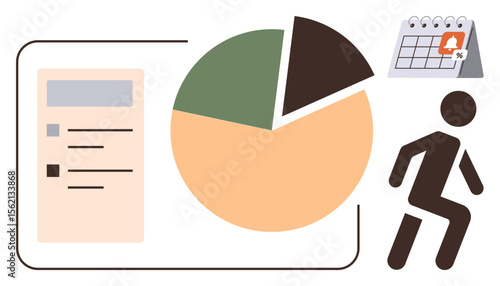 Pie chart, task checklist, calendar reminder, and walking figure representing data analysis, productivity, time management, goal setting, activity tracking work progress and achievements. Ideal