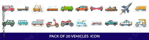 Collection of Twenty Different Types of Transportation and Vehicle Flat Style Icons