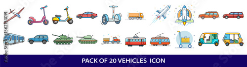 Collection of Twenty Different Vehicle Icons Featuring Transportation for Land, Air, and Space