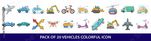 Collection of colorful cartoon style vehicle icons featuring a variety of transport