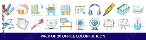 Collection of 20 colorful office supply icons in a flat design style