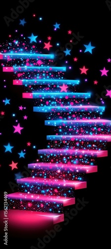 Colorful Neon Staircase with Stars and Sparkles on Dark Background