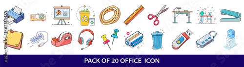 Office Supplies and Equipment Icon Set Featuring Common Workplace Items