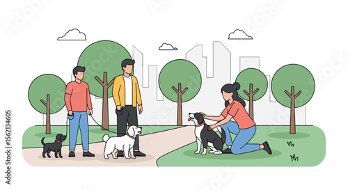 People enjoying a sunny day walking their dogs in a beautiful city park surrounded by trees and buildings