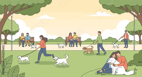 People enjoying a beautiful sunny day in a lively park with their beloved dogs playing and relaxing in the green grass surrounded by trees and people on benches