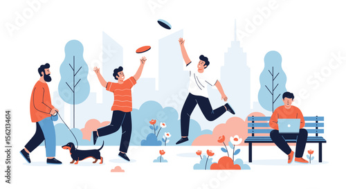 Friends enjoying a sunny day playing frisbee in a vibrant city park with trees and flowers