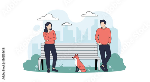 Young couple waiting patiently for their adorable fox companion on a park bench under cloudy skies