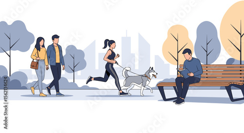 People enjoying a sunny day in the park with trees and city buildings in the background activity and leisure