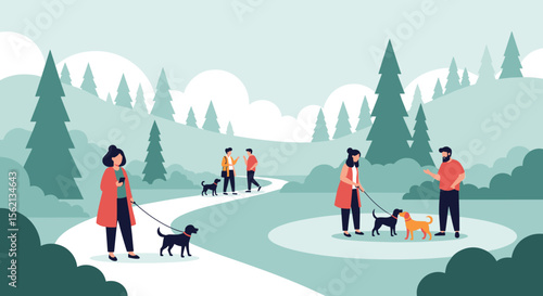 People enjoying a walk with their dogs in a picturesque park on a cold winter day