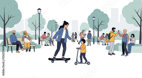 Diverse group of people enjoying a sunny day in a vibrant city park with various recreational activities and social interactions showcasing community spirit and outdoor leisure