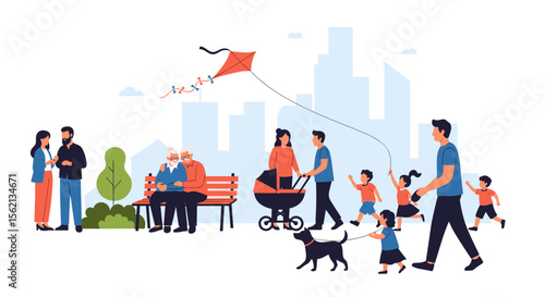 Diverse families enjoying a sunny day in a city park flying a kite and strolling with a dog