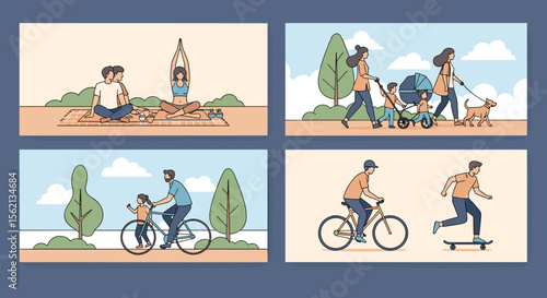 Diverse outdoor activities illustrating healthy lifestyles and family recreation in nature
