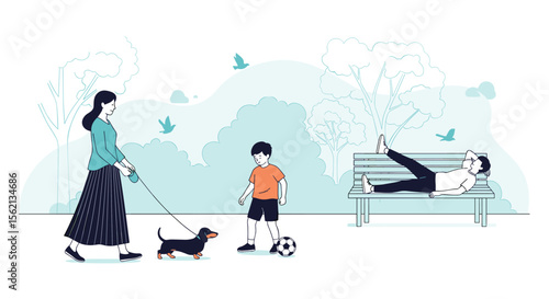 A mother walks her dog in the park while her son plays soccer and another person relaxes on a bench enjoying a sunny day outdoors