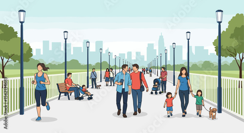 Diverse group of people enjoying a sunny day in a city park with scenic views and walking paths