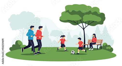 A family enjoys a sunny day playing soccer and jogging in a beautiful park setting