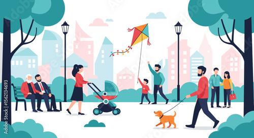 A vibrant city park scene with diverse people enjoying outdoor activities on a sunny day