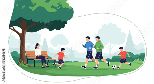 A family enjoys a sunny afternoon playing soccer and relaxing in a beautiful park surrounded by lush green trees and gentle hills