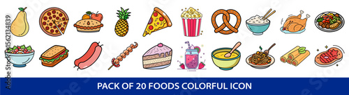 Various Delicious Food Icon Set Including Fruits, Snacks, Main Courses, and Desserts