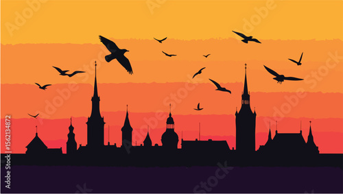 Silhouette of a city skyline with flying birds against a colorful sunset sky