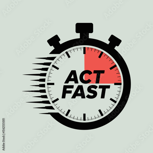 Urgency and Speed A Black Stopwatch with Motion Lines and the Text Act Fast Emphasizing Time Sensitivity and Prompt Action on a Pale Green Background