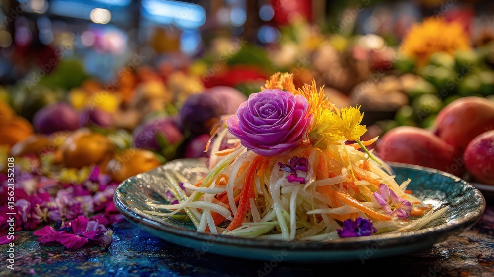 Fototapeta premium A colorful Som Tam salad with papaya strands, garnished with edible flowers and a carved radish rose, vibrant market setting, lively and fresh atmosphere