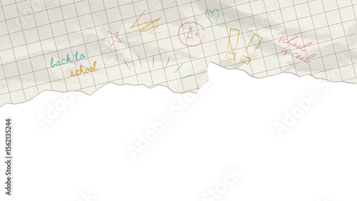 torn paper fragment of checkered sheet with childish scribbles for back to school design, pen scribble text effect. Vector illustration