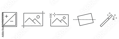 Photo adjust crop enhance straighten edit icons in clean editable outline style for picture editing interface vector illustration set.
