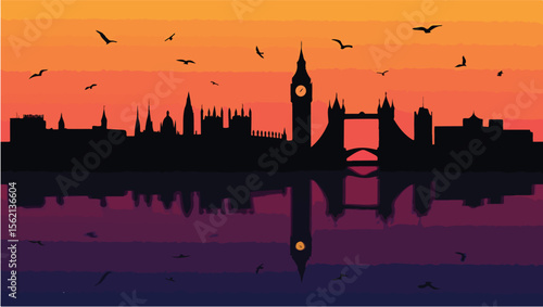 Silhouette of london skyline with famous landmarks reflected in water at sunset