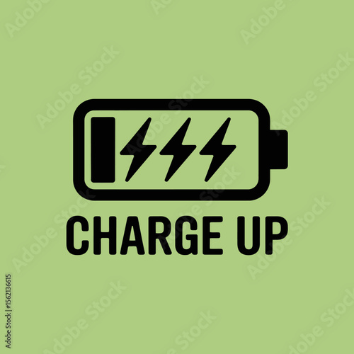 A Black Battery Icon with Lightning Bolts and the Words Charge Up on a Light Green Background Representing Energy Power and the Need to Recharge