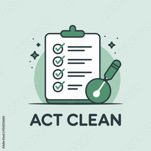 Act Clean Illustration A Checklist with Green Checkmarks and a Magnifying Glass Emphasizing Thoroughness and Compliance with Cleaning Standards on a Light Green Background This
