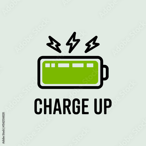 Fully Charged Battery Icon Graphic green battery icon with three lightning bolts above it indicating full charge The text CHARGE displayed below battery charging full