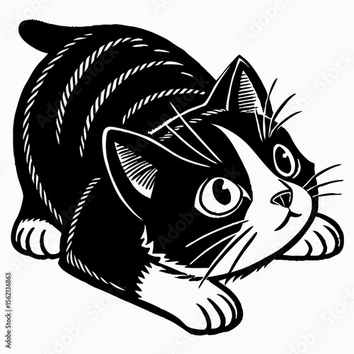 Playful black and white cat in a crouched position ready to pounce