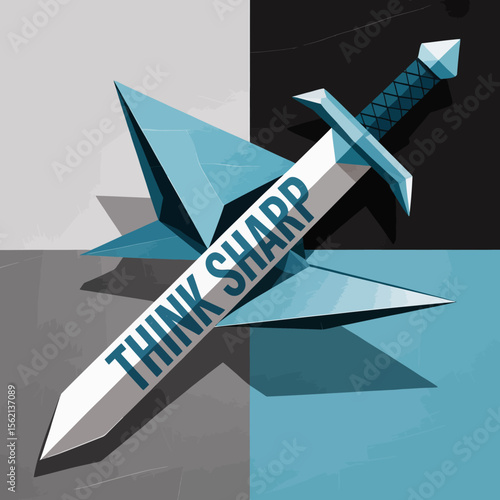 Think Sharp Conceptual Illustration stylized sword with the words pierces geometric origami like shape against textured background gray and black squares think sharp sword origami geometric