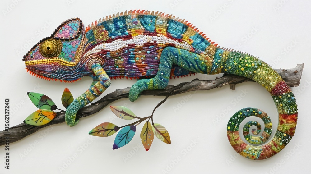 Fototapeta premium Colorful chameleon artwork on branch
