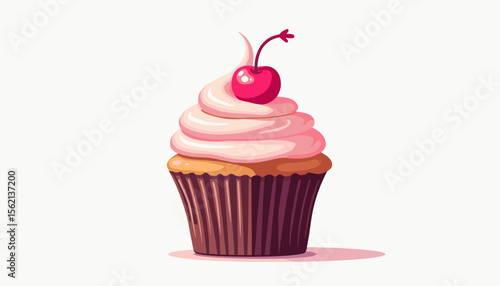 Delicious cupcake with pink frosting and cherry on top, sweetness
