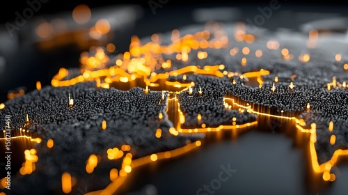 Abstract terrain illuminates network paths across dark futuristic landscape showing connectivity data visualization