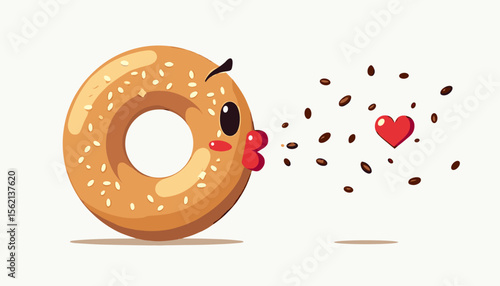 Cheerful bagel blowing an air kiss with heart trail, playful concept