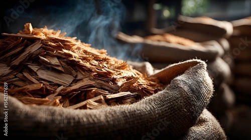 Agarwood chips fill sack releasing aroma inside warehouse detailed view