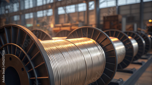 Large Industrial Cable Spools with Metallic Wire Coils in a Factory Setting.